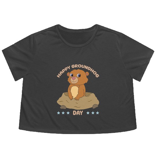 Happy Groundhog Day Cute Kawaii Groundhog Flowy Cropped Tees