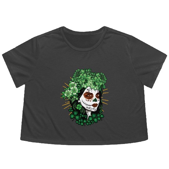 St Patrick's Day Dia De Los Muertos La Catrina Flowy Cropped Tees