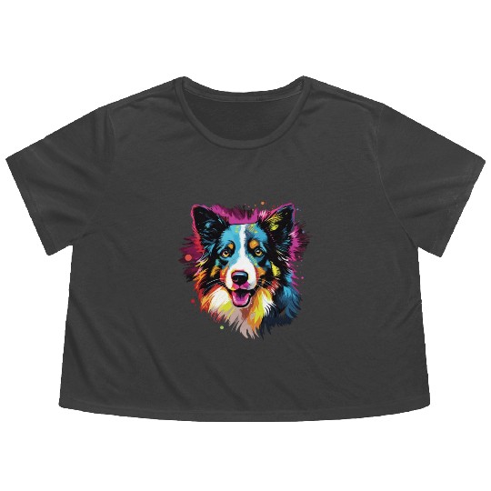 Watercolor Colorful Border Collie Flowy Cropped Tees