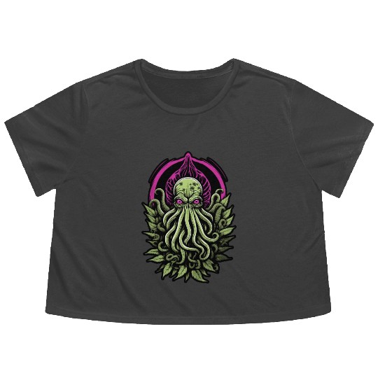 Colorful Cthulhu Flowy Cropped Tees with Marijuana Leaves