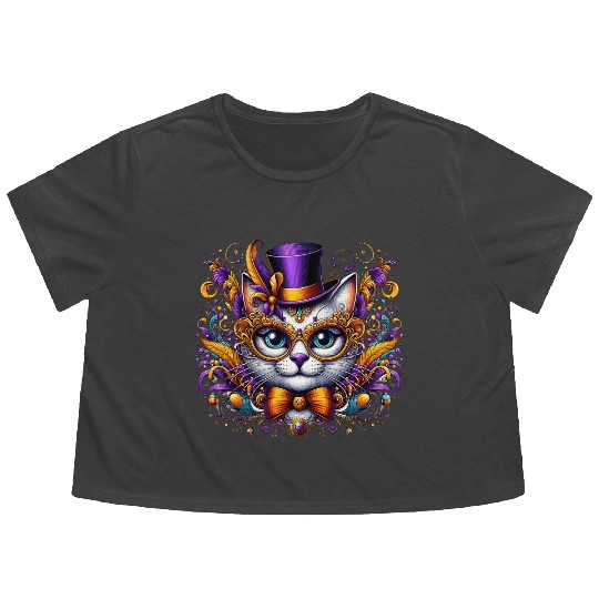 Mardi Gras cat with hat and glasses Flowy Cropped Tees