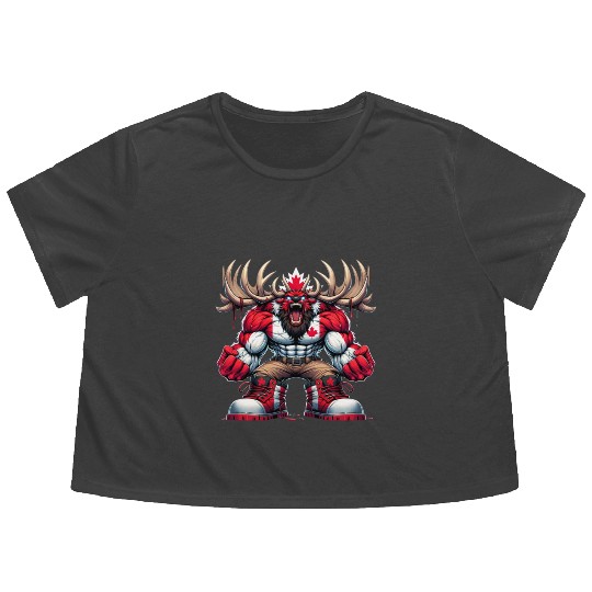 Canada elk with national flag Flowy Cropped Tees