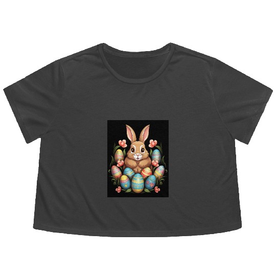 Easter Bunny Rabbit Colorful Eggs Easter Egg Hunt Flowy Cropped Tees