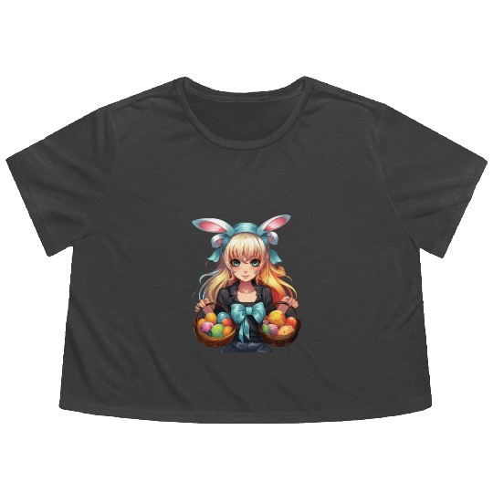 Easter Day Anime Girl Bunny Ear Easter Egg Hunt Flowy Cropped Tees