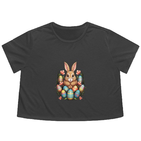 Easter Bunny Rabbit Colorful Eggs Easter Egg Hunt Flowy Cropped Tees