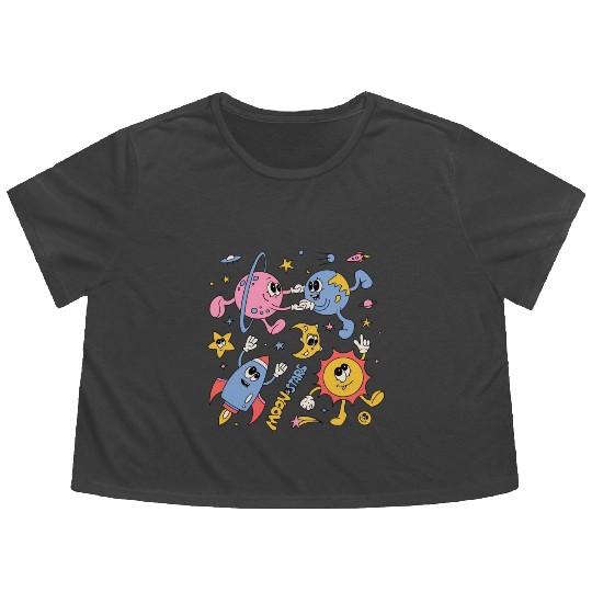 Solar System Planets Moon Sun Saturn Cute Groovy Flowy Cropped Tees