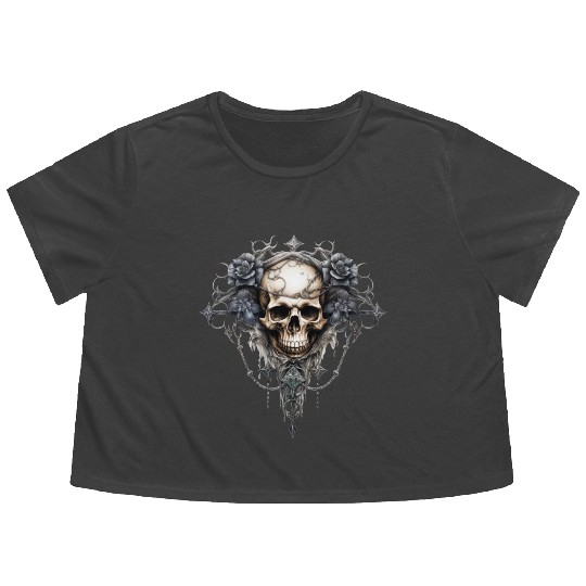 Gothic Art Print with Skull and Roses Flowy Cropped Tees