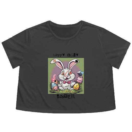 happy ugly Easter - crazy scary bunny - weird rab Flowy Cropped Tees