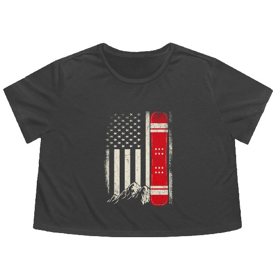 Snowboarding 4th of July Distressed USA Flag Flowy Cropped Tees