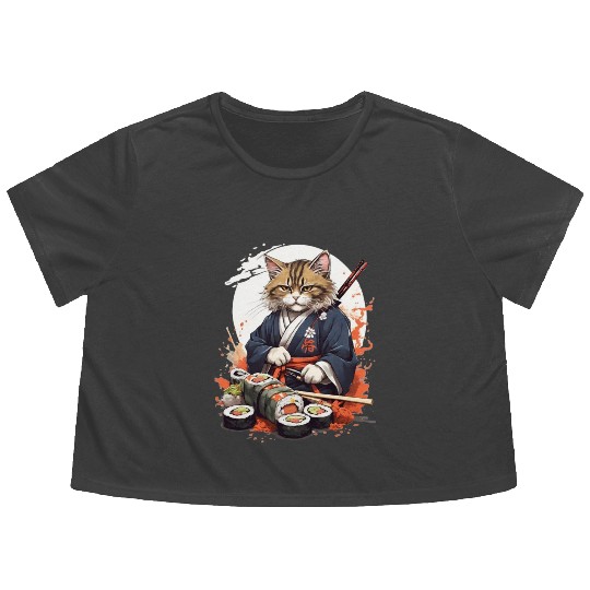 Cat Samurai Sushi Flowy Cropped Tees