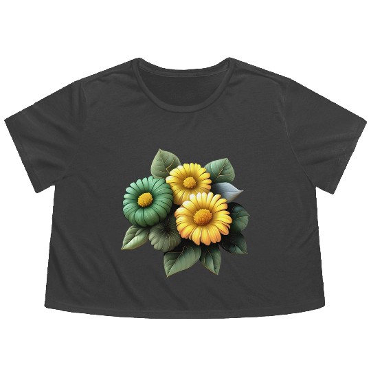 Flowers Floral Design Verdant Green and Yellow Flowy Cropped Tees