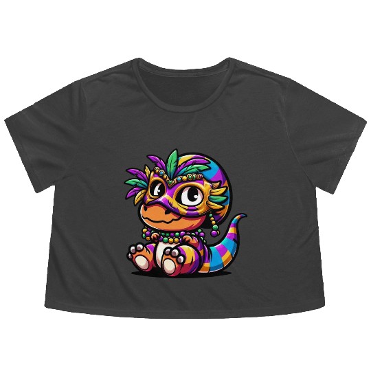 Mardi Gras Dino T-Rex: Carnival Mask and Beads Flowy Cropped Tees