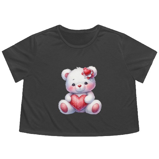 White Teddy Bear Love Valentine's Day Red Heart Flowy Cropped Tees