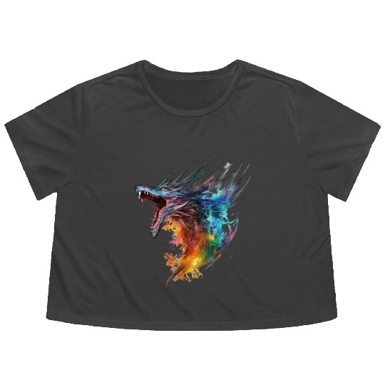 Angry Blue Watercolor Dragon with fire, knightcore Flowy Cropped Tees