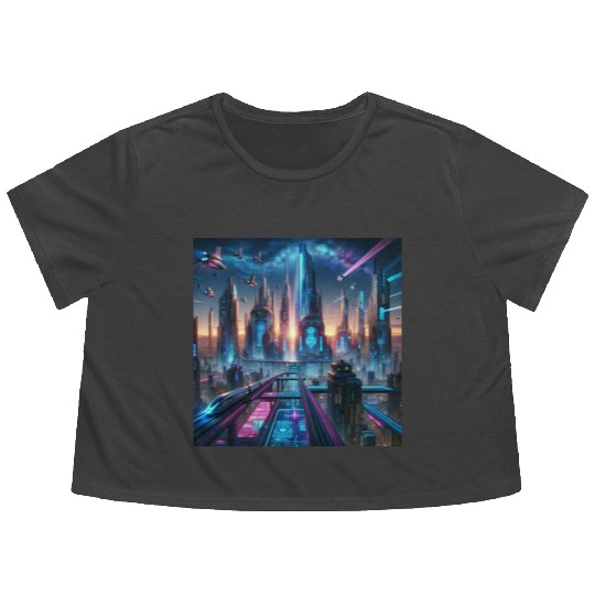 Future Metropolis Neon Cityscape at Night Flowy Cropped Tees