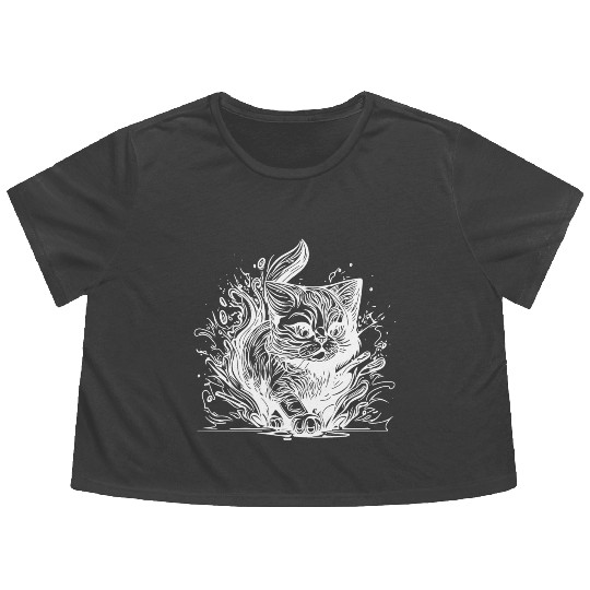 Cute Little House Cat In Tattoo Style Flowy Cropped Tees