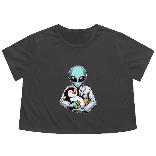 Alien Embracing Penguin Flowy Cropped Tees