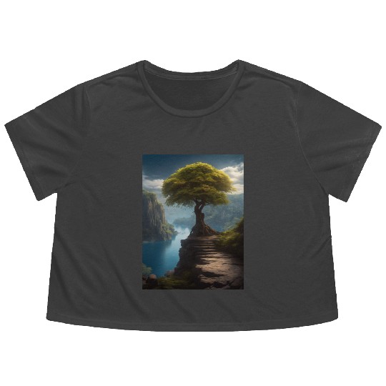 Tree on the Edge of a Cliff Overlooking a River Flowy Cropped Tees