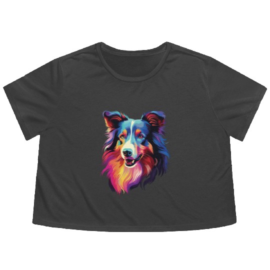 Watercolor Colorful Collie Flowy Cropped Tees