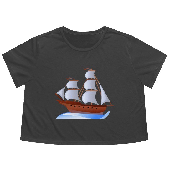Brown and white sailboat illustration, Sailing shi Flowy Cropped Tees