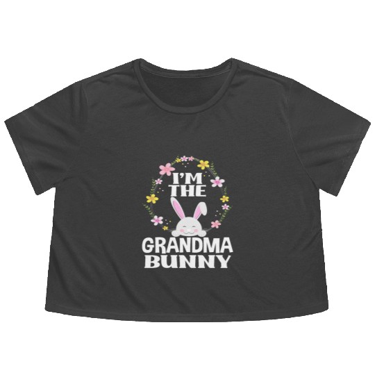 I Am Grandma Easter Bunny Flower Wreath Easter Flowy Cropped Tees