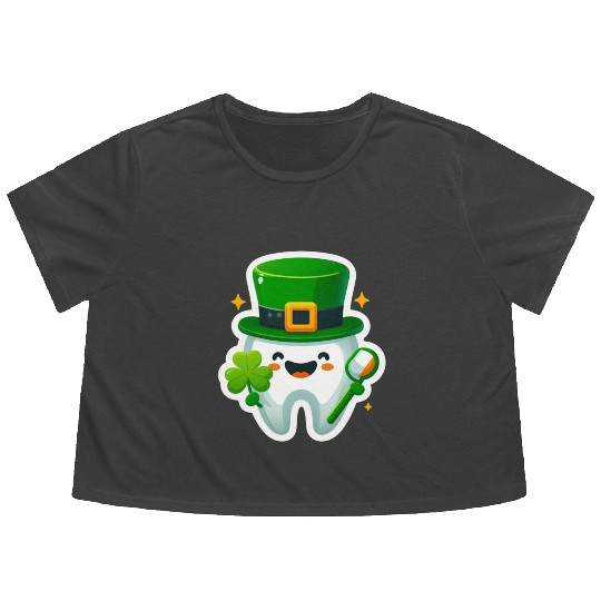 St patricks day cartoon dentist design, cute tooth Flowy Cropped Tees