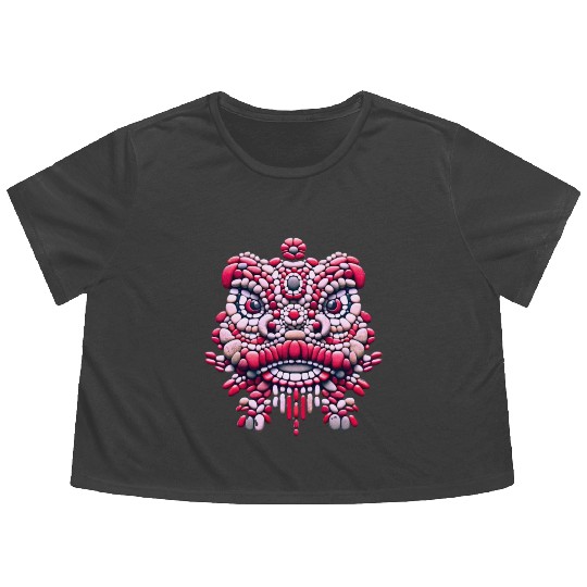 Chinese New Year - Pink Peony Lion Dance Mask Flowy Cropped Tees