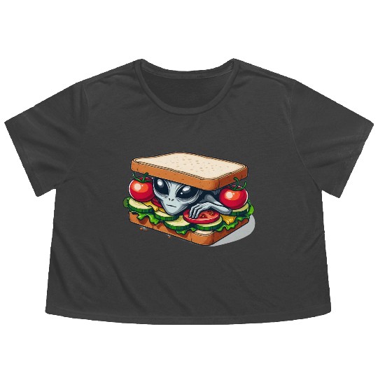 Alien Hiding in a Sandwich Flowy Cropped Tees