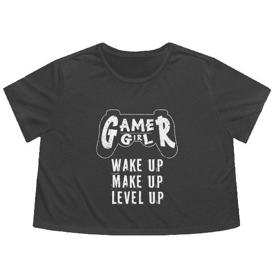 Gamer Girl Wake Up Make Up Level Up Flowy Cropped Tees