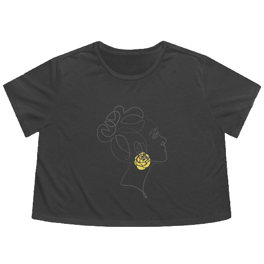 Outline girl with messy bun and yellow earring Flowy Cropped Tees