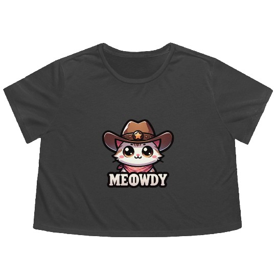 Cute Meowdy Cat Cowboy Pun Flowy Cropped Tees