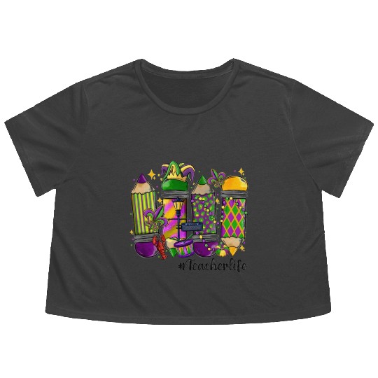 mardi gras teacher life Flowy Cropped Tees