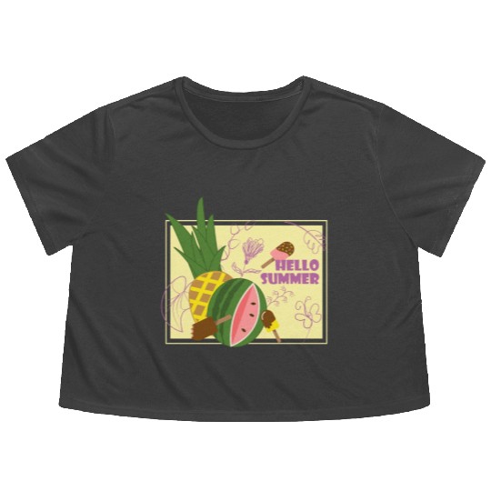 Hello summer fruit ice cream flowers & butterfly Flowy Cropped Tees