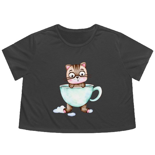 Surprised Silly Cat Wearing Coffee Cup Flowy Cropped Tees