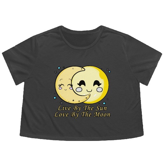 Live By The Sun Love By The Moon, Cartoon Sun Moon Flowy Cropped Tees