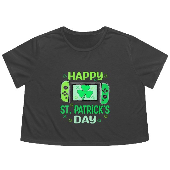 Video Gamer Shamrock Happy St Patricks Day Flowy Cropped Tees