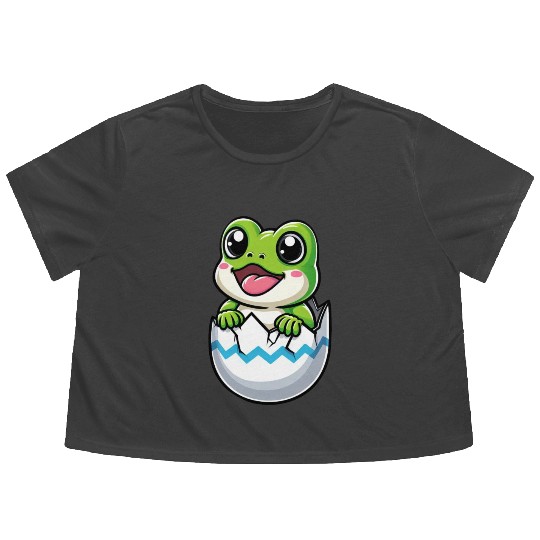 Colorful Easter Egg with Hatching Frog Design Flowy Cropped Tees