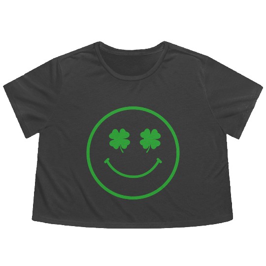 Green shamrock happy face Flowy Cropped Tees