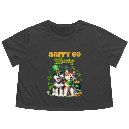 Happy Go Lucky Cute Husky St Patricks Day Flowy Cropped Tees