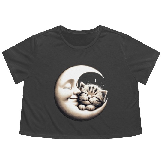 Peaceful Kitten and Moon Embrace Flowy Cropped Tees