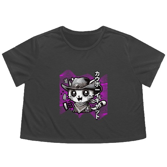 Yeehaw Meow: Manga Cowboy Cat Extravaganza Flowy Cropped Tees