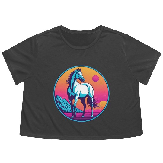 Synthwave Horse 3 Flowy Cropped Tees