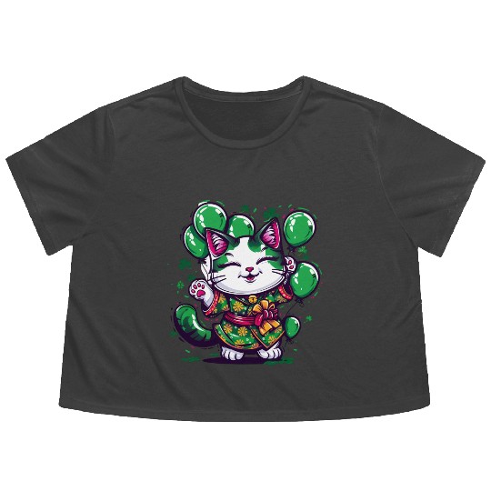 Kawaii St Patricks Day Cat With Balloons Flowy Cropped Tees