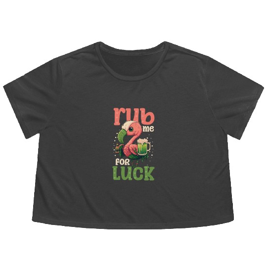 Irish Flamingo St Patricks Rub For Luck Flowy Cropped Tees