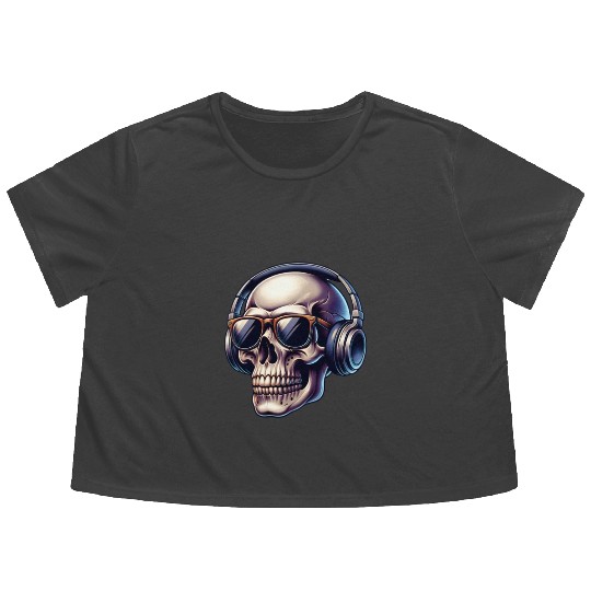 skull wearing headphone Flowy Cropped Tees