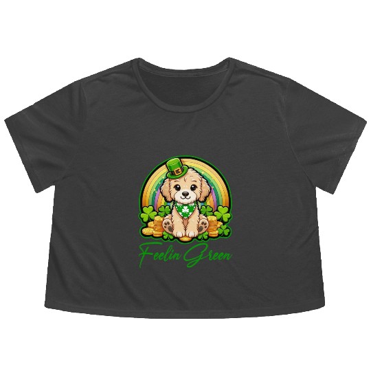 Feelin Green Puppy Rainbow Funny St Patrick's Day Flowy Cropped Tees