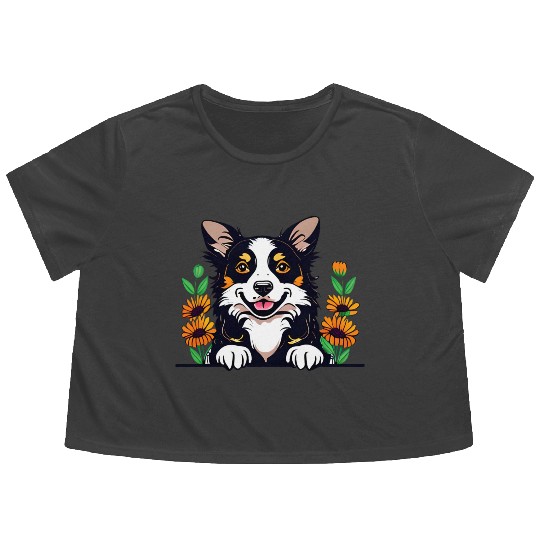 Happy Border Collie Dog With Flowers Flowy Cropped Tees