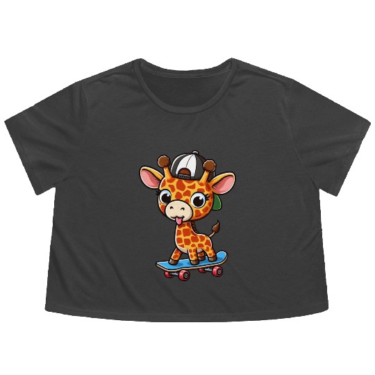 Cheeky Skater Giraffe on Skateboard Flowy Cropped Tees