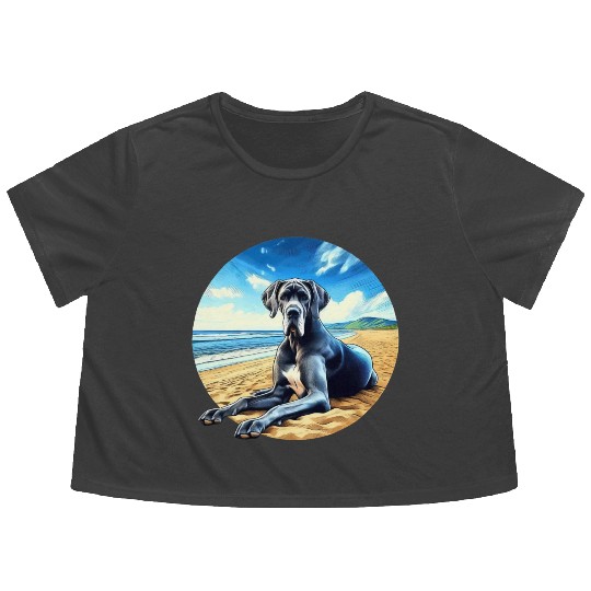 Great Dane on the Beach Cartoon Flowy Cropped Tees