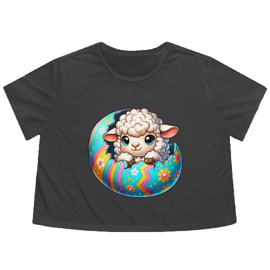 Colorful Lamb Hatching from Easter Egg Cartoon Flowy Cropped Tees